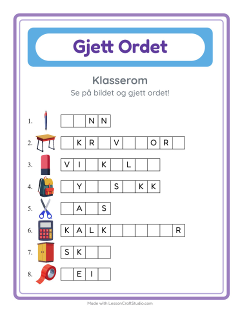 Forhåndsvisning av Gjett Ordet-arbeidsark med Klasserom for Barnehage (5-7 år)