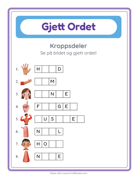 Forhåndsvisning av Gjett Ordet-arbeidsark med Kroppsdeler for Barnehage (5-7 år)