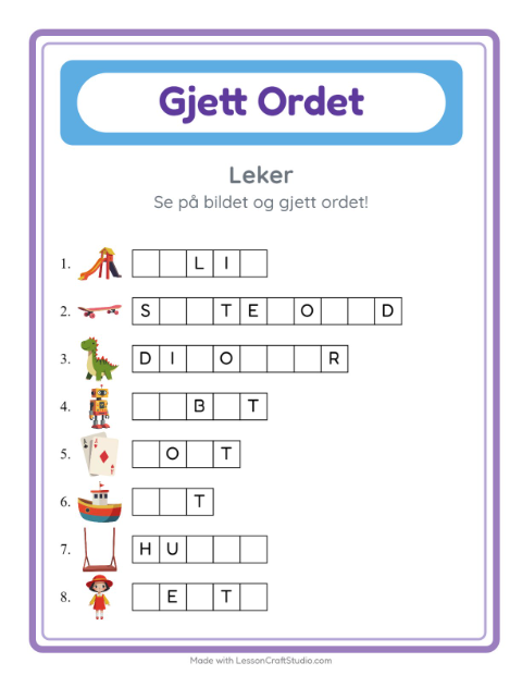 Forhåndsvisning av Gjett Ordet-arbeidsark med Leker for Barnehage (5-7 år)