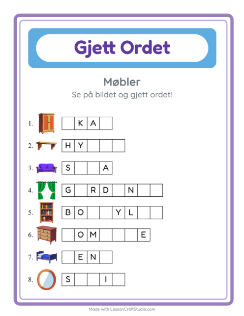 Forhåndsvisning av Gjett Ordet-arbeidsark med Møbler for Barnehage (5-7 år)