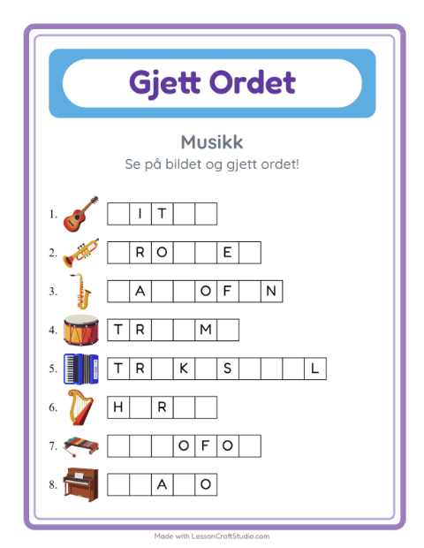 Forhåndsvisning av Gjett Ordet-arbeidsark med Musikk for Barnehage (5-7 år)