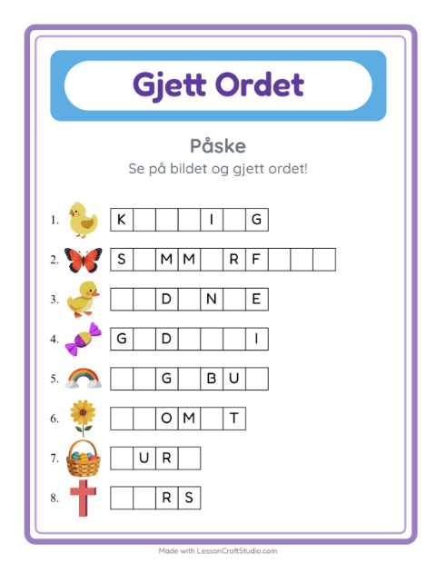 Forhåndsvisning av Gjett Ordet-arbeidsark med Påske for Barnehage (5-7 år)