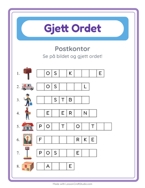 Forhåndsvisning av Gjett Ordet-arbeidsark med Postkontor for Barnehage (5-7 år)