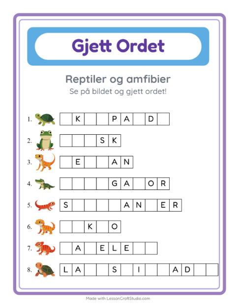 Forhåndsvisning av Gjett Ordet-arbeidsark med Reptiler og amfibier for Barnehage (5-7 år)