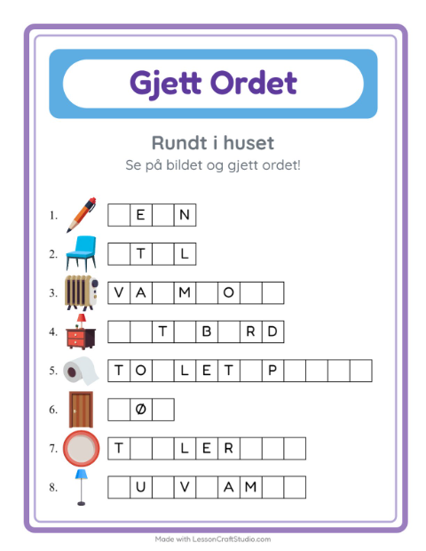 Forhåndsvisning av Gjett Ordet-arbeidsark med Rundt i huset for Barnehage (5-7 år)