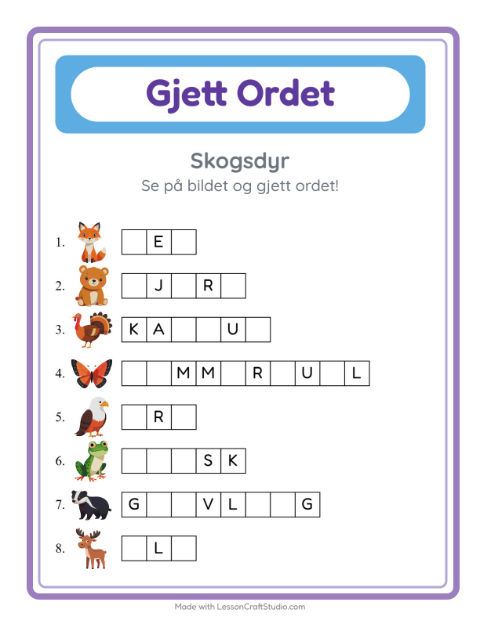 Forhåndsvisning av Gjett Ordet-arbeidsark med Skogsdyr for Barnehage (5-7 år)