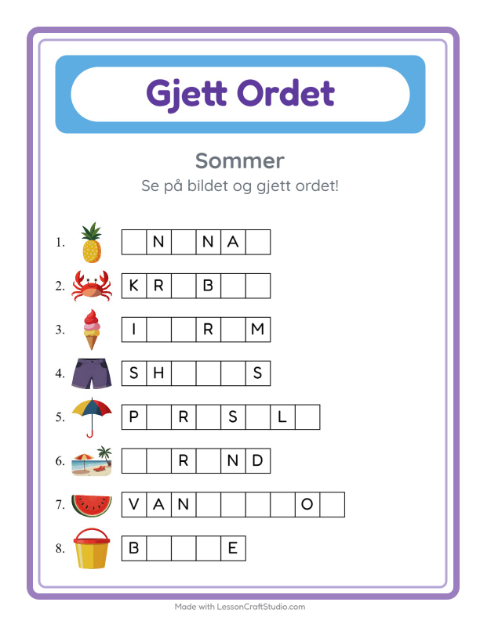 Forhåndsvisning av Gjett Ordet-arbeidsark med Sommer for Barnehage (5-7 år)