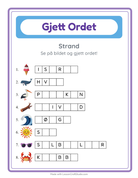 Forhåndsvisning av Gjett Ordet-arbeidsark med Strand for Barnehage (5-7 år)