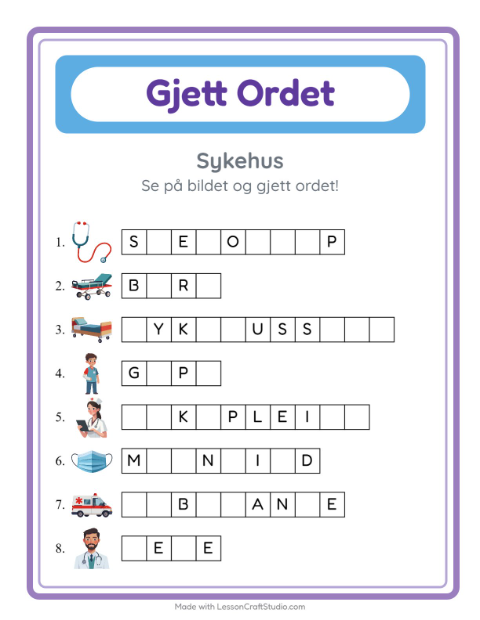 Forhåndsvisning av Gjett Ordet-arbeidsark med Sykehus for Barnehage (5-7 år)