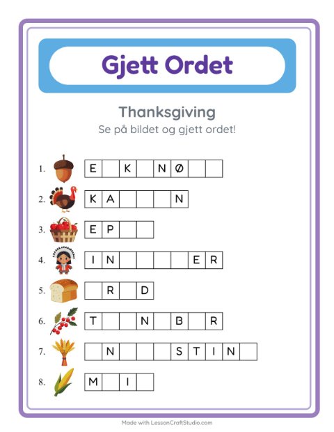 Forhåndsvisning av Gjett Ordet-arbeidsark med Thanksgiving for Barnehage (5-7 år)