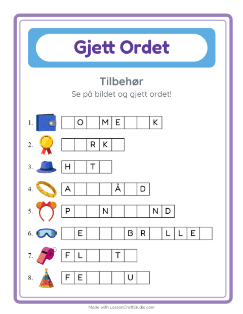 Forhåndsvisning av Gjett Ordet-arbeidsark med Tilbehør for Barnehage (5-7 år)