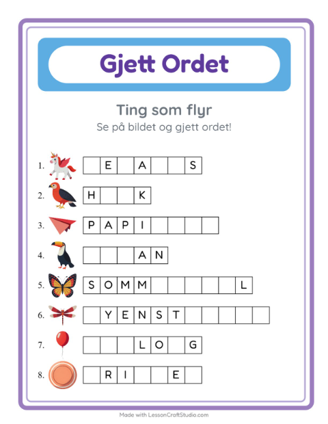 Forhåndsvisning av Gjett Ordet-arbeidsark med Ting som flyr for Barnehage (5-7 år)
