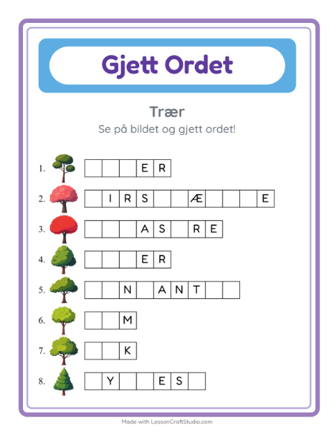 Forhåndsvisning av Gjett Ordet-arbeidsark med Trær for Barnehage (5-7 år)