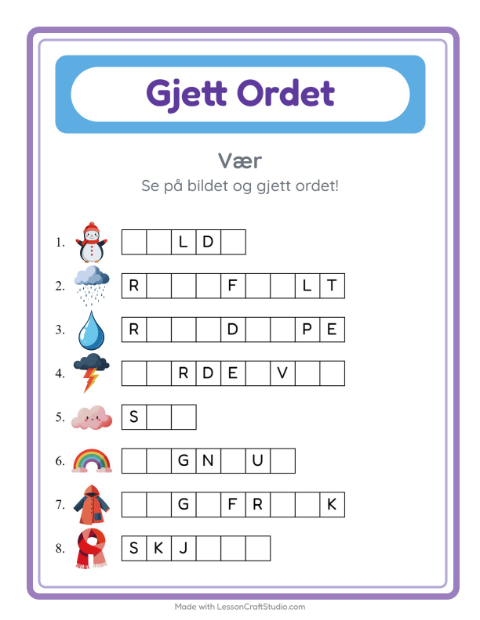 Forhåndsvisning av Gjett Ordet-arbeidsark med Vær for Barnehage (5-7 år)