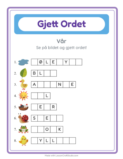 Forhåndsvisning av Gjett Ordet-arbeidsark med Vår for Barnehage (5-7 år)