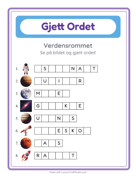 Forhåndsvisning av Gjett Ordet-arbeidsark med Verdensrommet for Barnehage (5-7 år)
