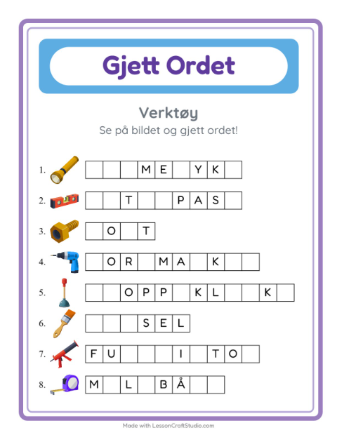 Forhåndsvisning av Gjett Ordet-arbeidsark med Verktøy for Barnehage (5-7 år)