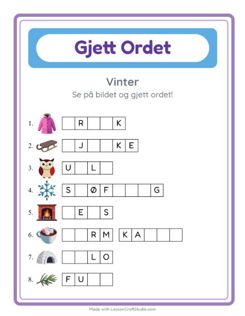 Forhåndsvisning av Gjett Ordet-arbeidsark med Vinter for Barnehage (5-7 år)