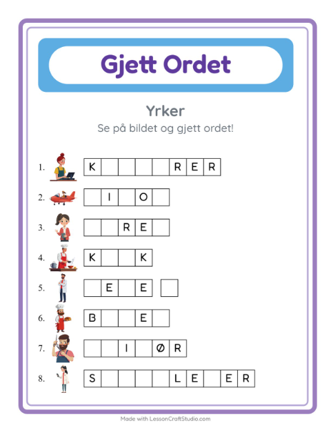 Forhåndsvisning av Gjett Ordet-arbeidsark med Yrker for Barnehage (5-7 år)