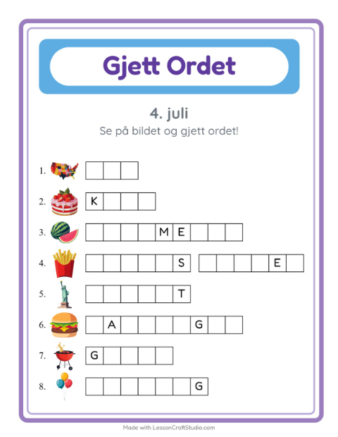 Forhåndsvisning av Gjett Ordet-arbeidsark med 4. juli for Barnehage (5-7 år)