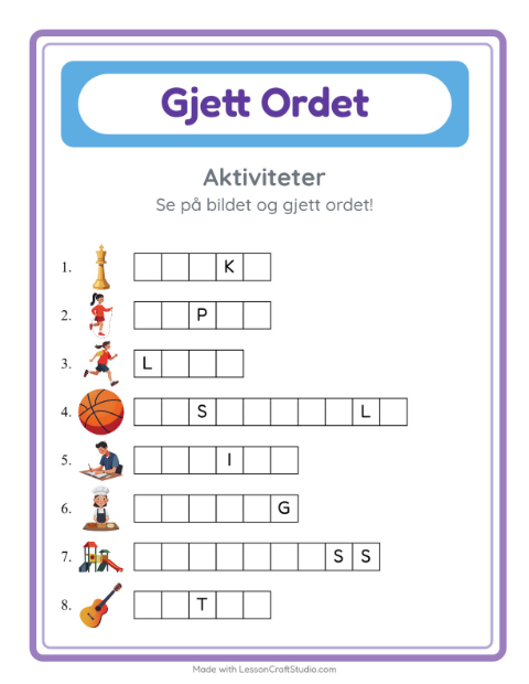 Forhåndsvisning av Gjett Ordet-arbeidsark med Aktiviteter for Barnehage (5-7 år)