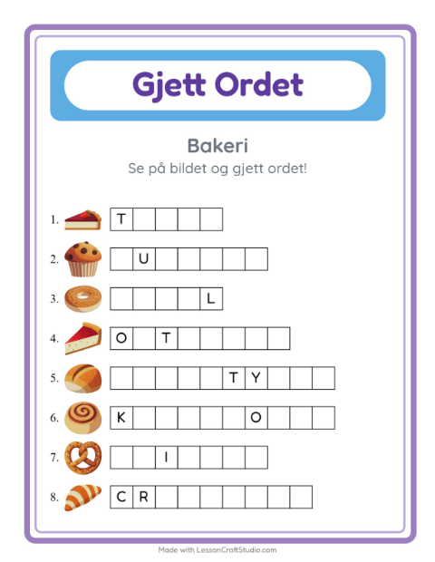 Forhåndsvisning av Gjett Ordet-arbeidsark med Bakeri for Barnehage (5-7 år)