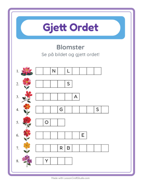 Forhåndsvisning av Gjett Ordet-arbeidsark med Blomster for Barnehage (5-7 år)