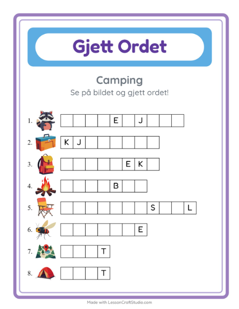 Forhåndsvisning av Gjett Ordet-arbeidsark med Camping for Barnehage (5-7 år)