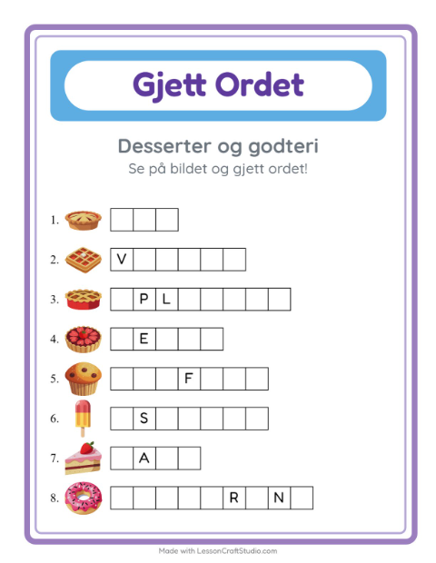 Forhåndsvisning av Gjett Ordet-arbeidsark med Desserter og godteri for Barnehage (5-7 år)
