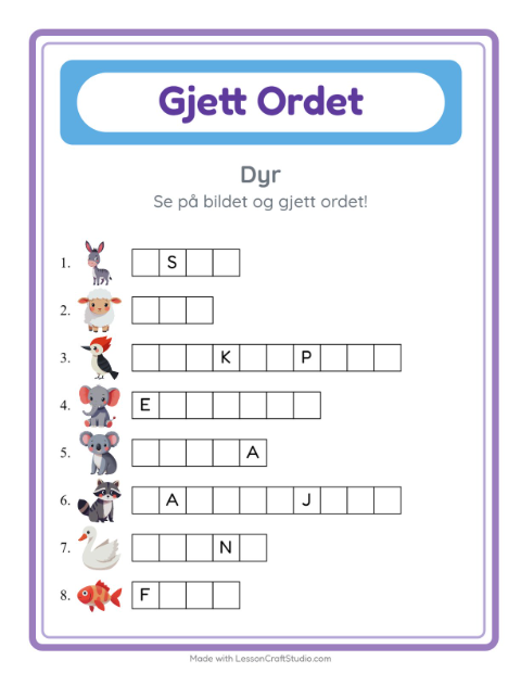 Forhåndsvisning av Gjett Ordet-arbeidsark med Dyr for Barnehage (5-7 år)