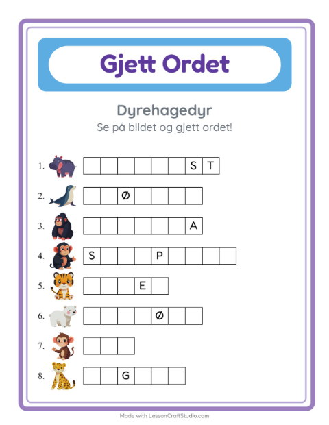 Forhåndsvisning av Gjett Ordet-arbeidsark med Dyrehagedyr for Barnehage (5-7 år)