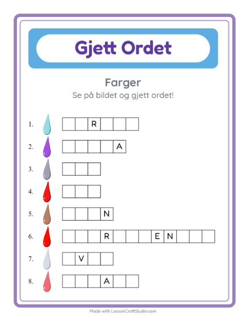 Forhåndsvisning av Gjett Ordet-arbeidsark med Farger for Barnehage (5-7 år)