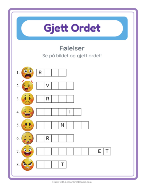 Forhåndsvisning av Gjett Ordet-arbeidsark med Følelser for Barnehage (5-7 år)