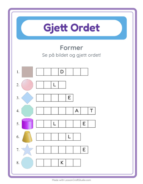 Forhåndsvisning av Gjett Ordet-arbeidsark med Former for Barnehage (5-7 år)