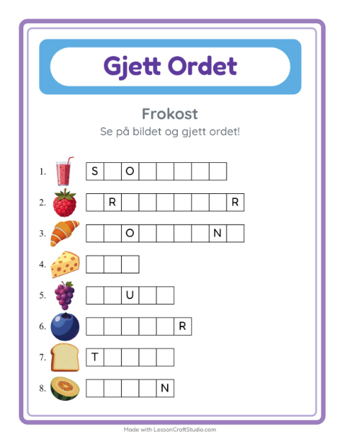 Forhåndsvisning av Gjett Ordet-arbeidsark med Frokost for Barnehage (5-7 år)