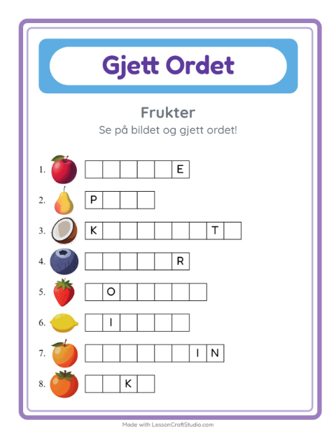 Forhåndsvisning av Gjett Ordet-arbeidsark med Frukter for Barnehage (5-7 år)
