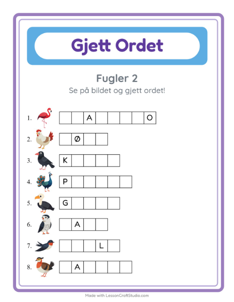 Forhåndsvisning av Gjett Ordet-arbeidsark med Fugler 2 for Barnehage (5-7 år)