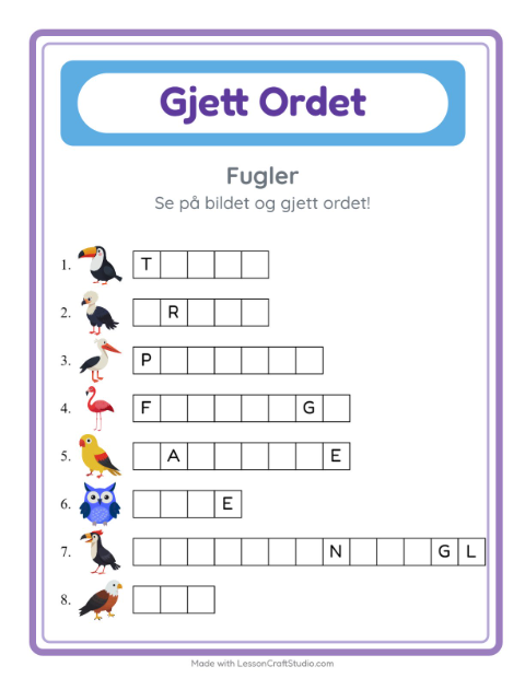 Forhåndsvisning av Gjett Ordet-arbeidsark med Fugler for Barnehage (5-7 år)
