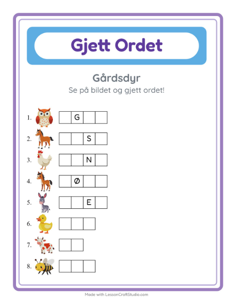 Forhåndsvisning av Gjett Ordet-arbeidsark med Gårdsdyr for Barnehage (5-7 år)