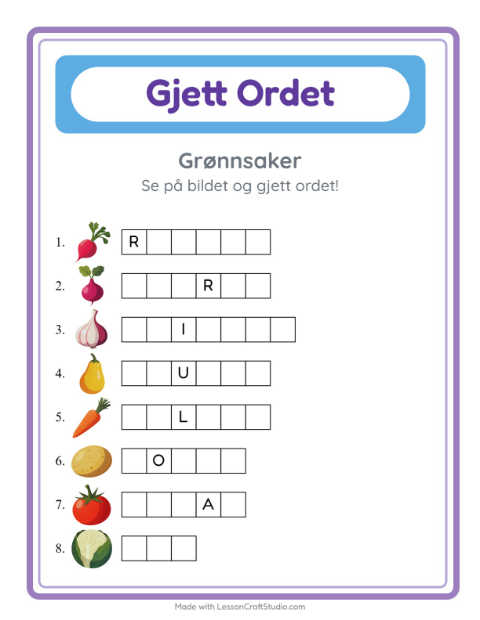 Forhåndsvisning av Gjett Ordet-arbeidsark med Grønnsaker for Barnehage (5-7 år)