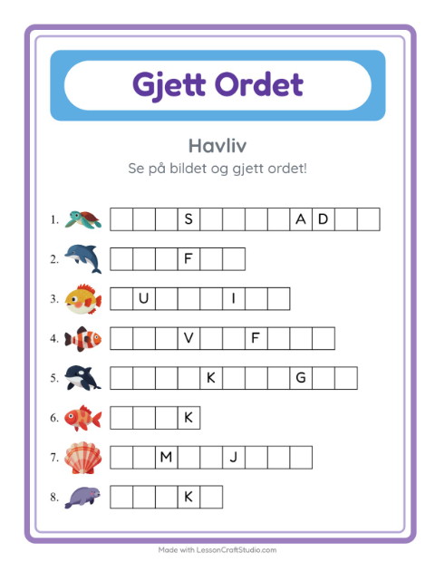 Forhåndsvisning av Gjett Ordet-arbeidsark med Havliv for Barnehage (5-7 år)