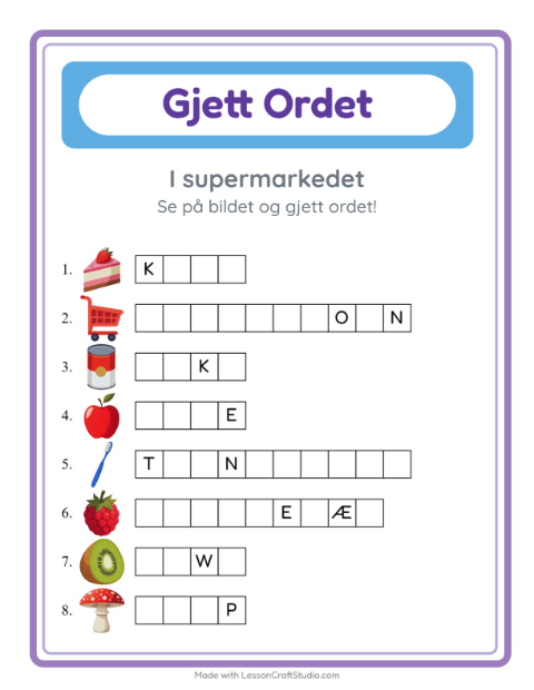 Forhåndsvisning av Gjett Ordet-arbeidsark med I supermarkedet for Barnehage (5-7 år)