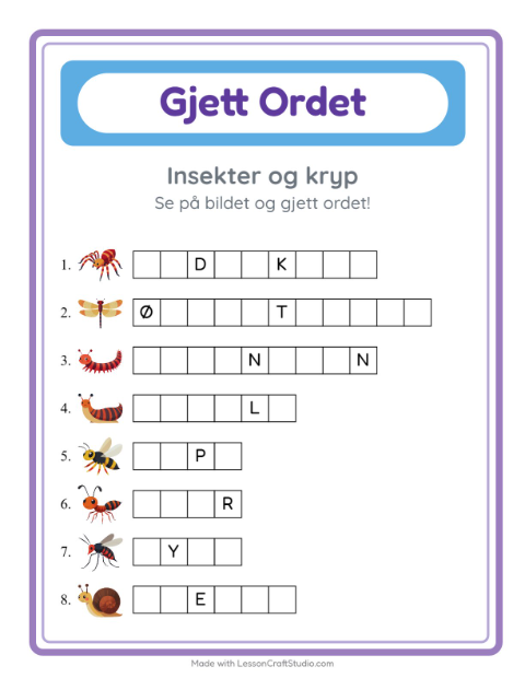 Forhåndsvisning av Gjett Ordet-arbeidsark med Insekter og kryp for Barnehage (5-7 år)