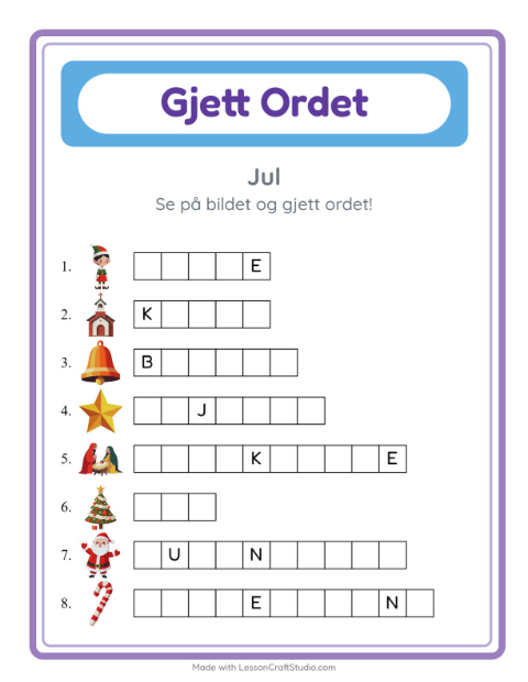 Forhåndsvisning av Gjett Ordet-arbeidsark med Jul for Barnehage (5-7 år)
