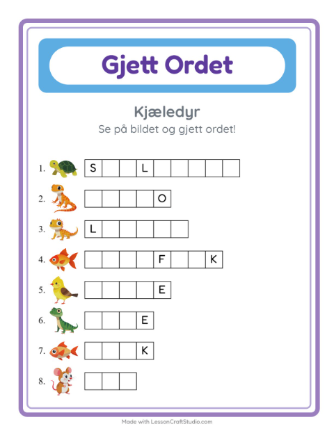 Forhåndsvisning av Gjett Ordet-arbeidsark med Kjæledyr for Barnehage (5-7 år)