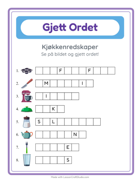 Forhåndsvisning av Gjett Ordet-arbeidsark med Kjøkkenredskaper for Barnehage (5-7 år)