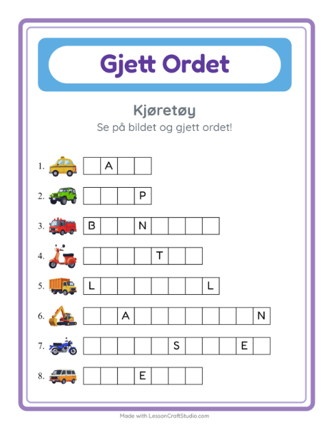 Forhåndsvisning av Gjett Ordet-arbeidsark med Kjøretøy for Barnehage (5-7 år)