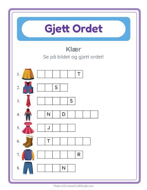 Forhåndsvisning av Gjett Ordet-arbeidsark med Klær for Barnehage (5-7 år)