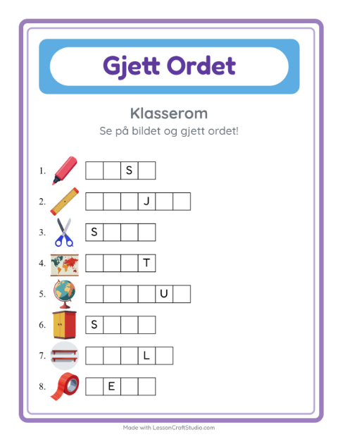 Forhåndsvisning av Gjett Ordet-arbeidsark med Klasserom for Barnehage (5-7 år)