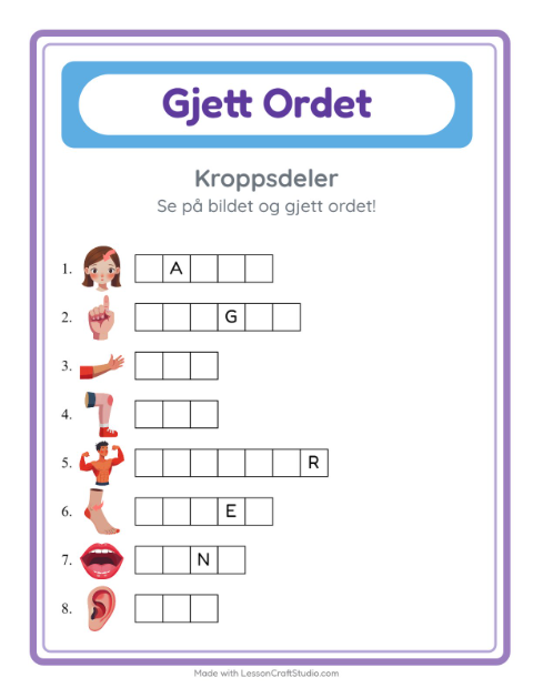 Forhåndsvisning av Gjett Ordet-arbeidsark med Kroppsdeler for Barnehage (5-7 år)